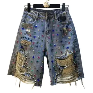 Heavy Rhinestone Studded Mid-Waist Distressed Straight-Leg Bermuda Denim Shorts for Women