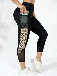 Women's Leopard Patchwork Print Contrast Mesh Sheer Sports Capri Leggings, Sporty High Waist Pocket Skinny Pants for Yoga Gym Workout, Women Sportswear, Activewear