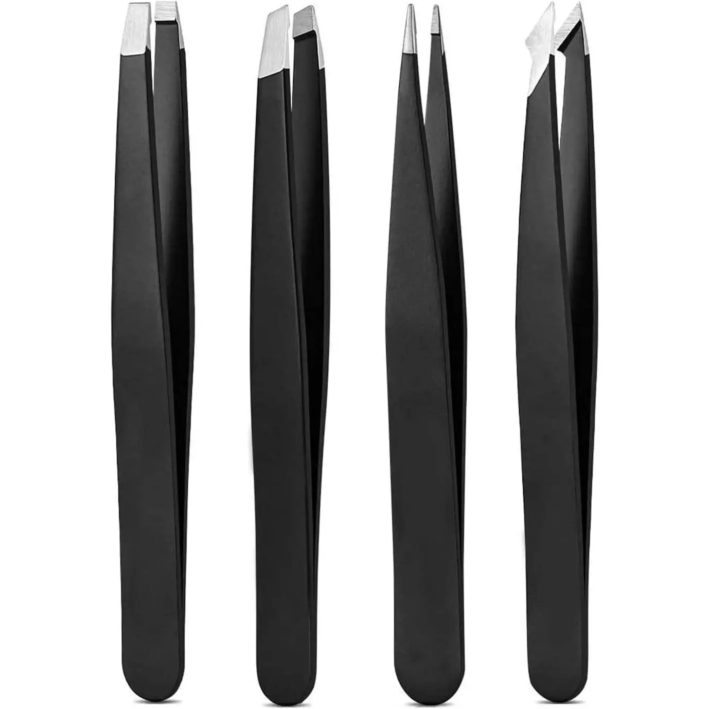 Tweezers Set Professional High Precision Stainless Steel Eyebrow Remover Ingrown Hair & Splinter Removal Kit Facial Hair Grooming Tools for Men Women Black 4 Pcs