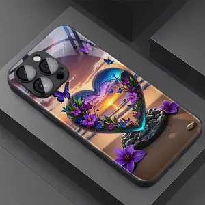 Heart-shaped Glass Phone Case, Purple Flower Butterfly Design, Suitable for iPhone 11,12, 13, 14, 15, 16,17 PIUS, Pro, and Promax, Shockproof Protection, Perfect Holiday Gift, Suitable for relatives and friends Protective Cover