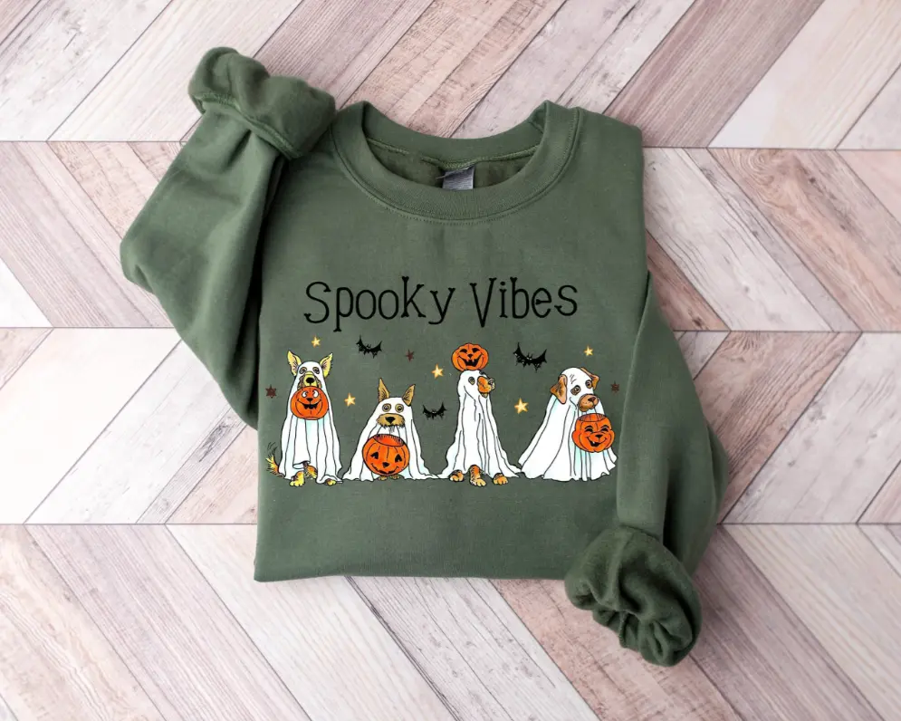 Halloween Ghost Dog Shirt - Sweatshirt - Hoodie, Happy Retro Spooky Vibes Season Graphic Tee, Retro Halloween Shirt, Full Color, For Men, For Women, Casual, Full Sizes, Tee Print