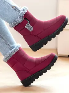 Women's Winter Boots, Warm Fleece Lined Mid-Calf Snow Boots, Stitched Leather Upper, Velcro Closure, Thick Sole Anti-Slip, Fall & Winter, Elegant Boots
