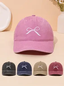 Bow Embroidered Washed Baseball Cap for Boys and Girls, Adjustable Fit for Outdoor Travel Beach, Stylish Street Fashion Hat