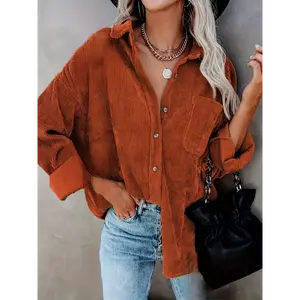 [Corduroy Button-Up Shirt] Rust Orange Corduroy Women's Oversized Button-Up Shirt - Long Sleeve, Loose Fit, Casual Style with Pockets, Perfect for Spring/Fall summer outfits Top Collar