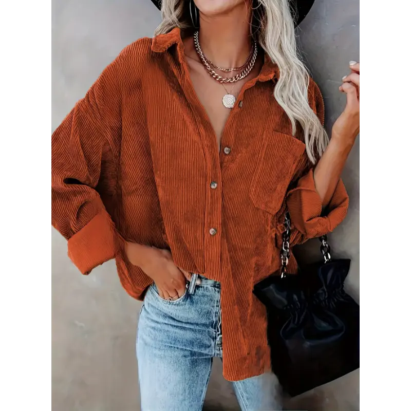 [Corduroy Button-Up Blouse] Rust Orange Polyester Lady's Oversized Long Sleeve Corduroy Shirt - Loose Fit, Elegant Casual Style, Collared, with Pockets, Ideal for Spring/Fall Outfits Top, Chic, Fabric