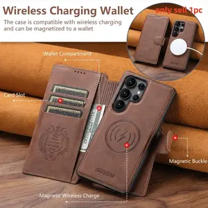 PU Leather Wireless Charging Card Holder Stand Wallet Magnetic Flip Cover Protective Phone Case For Samsung Galaxy S25 Ultra S24 S23 Casing