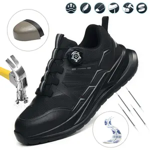 Men’s athletic-style safety shoes with steel toe — puncture-resistant lightweight composite sole, non-slip rubber outsole, breathable mesh upper, lace-up design suitable for prolonged standing work and everyday construction; comfortable shock-absorbing sa