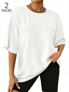 Women's Oversized Tee 2-Pack, Subtle Embossed Brooklyn Nyc Print, Crew Neck Drop Shoulder Design, Soft Breathable Cotton, Everyday Wear Layering