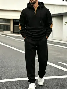 2-piece jacquard texture casual set, men's loose half button hooded long sleeved top, sports cropped pants, comfortable and soft, suitable for outdoor sports, running, outdoor travel, and outdoor training wear fathersdaygift