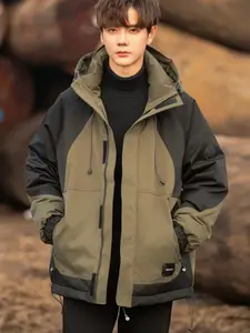 Men's Spring And Autumn Hooded Color Block Patchwork Jacket - New Thickened Outdoor Casual Workwear Warm Windbreaker