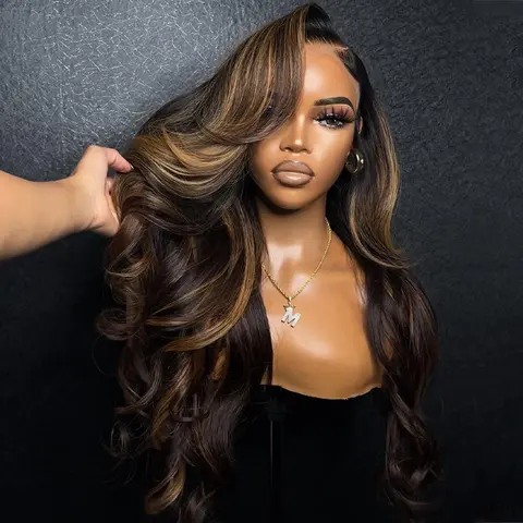 Atari Brown Stripe Highlights Body Wave Human Hair Wigs Pre Plucked Transparent 13x4 Lace Frontal Human Hair Pre Plucked Wig for Women 180 Density