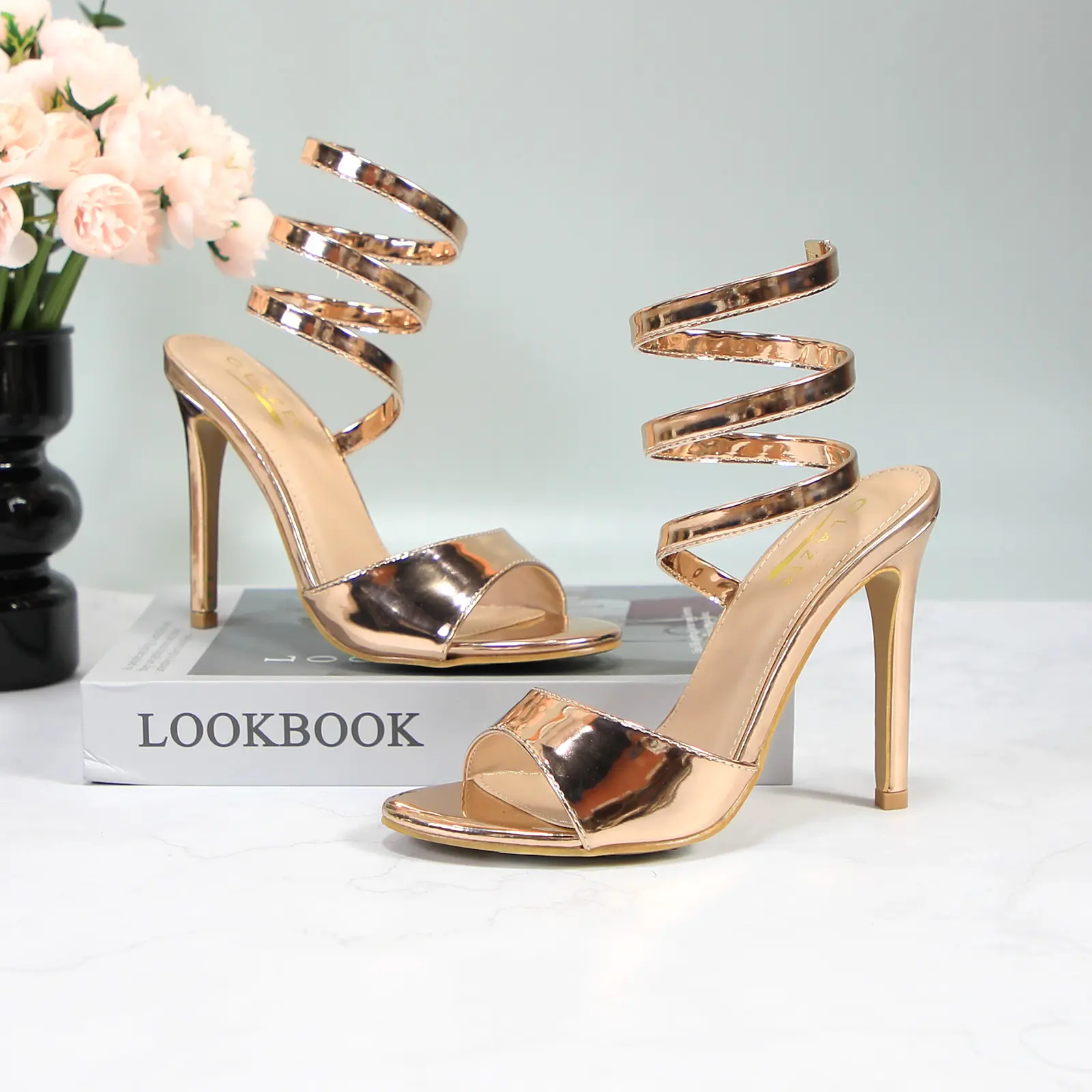 Women's Spiral Wrap Stiletto Sandals PU Leather Open Toe 4.33-in High Heels Cushioned Insole Footwear Summer Casual Dress Heeled Shoes for Wedding Party Prom Evening
