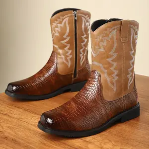 Men's Western PU Boots with Textured Detailing - Extended Sizes, Non-Slip Sole