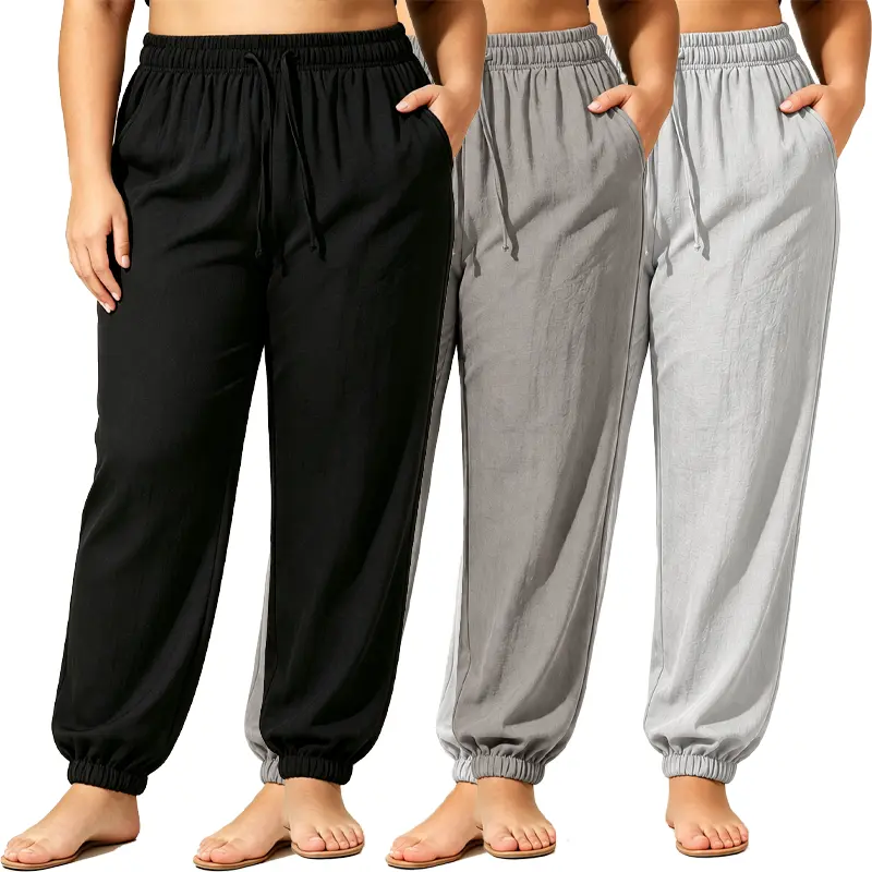 3-pack women’s drawstring joggers with a linen texture and ruched detailing; a must-have for slightly fuller figures. High-stretch, loose jogger pants with side pockets—breathable and lightweight summer casual beach workout pants.