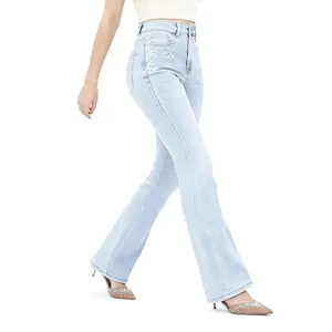Viola BlueMoment Straight Leg Jeans Mid High Waist Super Stretch Bootcut Denim with Floral Embroidery Front Pockets Distressed