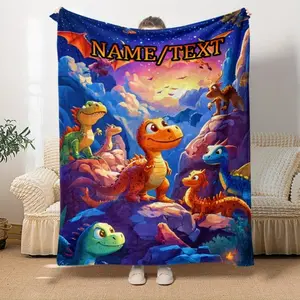1pc Cozy Customizable Cartoon Dinosaur Flannel Throw Blanket - Personalized Name Digital Print, Soft Warm Fleece for Sofa, Bed, Travel - Polyester, No Feather, Gift for Family or Friend