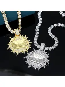 Men Women Full Diamond Pendant Necklace Alloy Thorn Studded with Diamonds Classic Cuban Necklace
