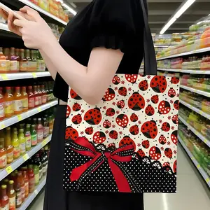 Cute Ladybug Polka Dot Canvas Handbag, Print with Bow Design, Lightweight Large Capacity, Eco-Friendly Shoulder Bag for Daily Use, Casual Tote Bag, Reusable Tote Bags