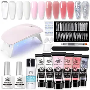 BORN PRETTY Poly Nail Extension Gel All in One Kit 6/12 Colors Kit  for Beginners Nude Clear Jelly Pink Builder Gel with Nail Lamp Base Top Coat Nail Forms All In One Kit French Manicure Gifts Cosmetic Gel x Nails