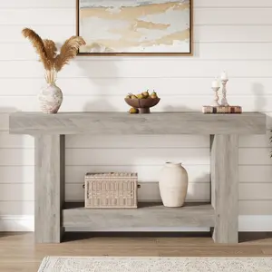 Garvee Farmhouse Console Table for Living Room, Long Console Table for Entryway, 2-Tier Large Sofa Table with Storage, Entryway Entry Table for Entrance, Hallway, Grey, 63"