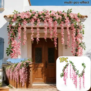 A Single Pack of Artificial Outdoor Pink Wisteria Flowers, Suitable for All Seasons Wedding Arrangements, Made of Durable Plastic Flowers Fake Flower Vine, Fake Plant Vine for Home & Commercial Use - Dense Faux Wisteria Vine Hanging Flower Garlands