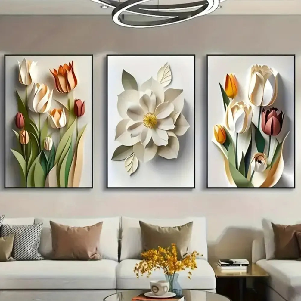 3 Pieces Modern Aesthetic Artistic 3D Floral Canvas Art, Creative Flower Wall Mural, Home Art, Contemporary Gallery Decor, Artistic Indoor Decoration, Soft Tone Painting, Wall Decor for Living Room and Study, Framed or Unframed, Art Prints