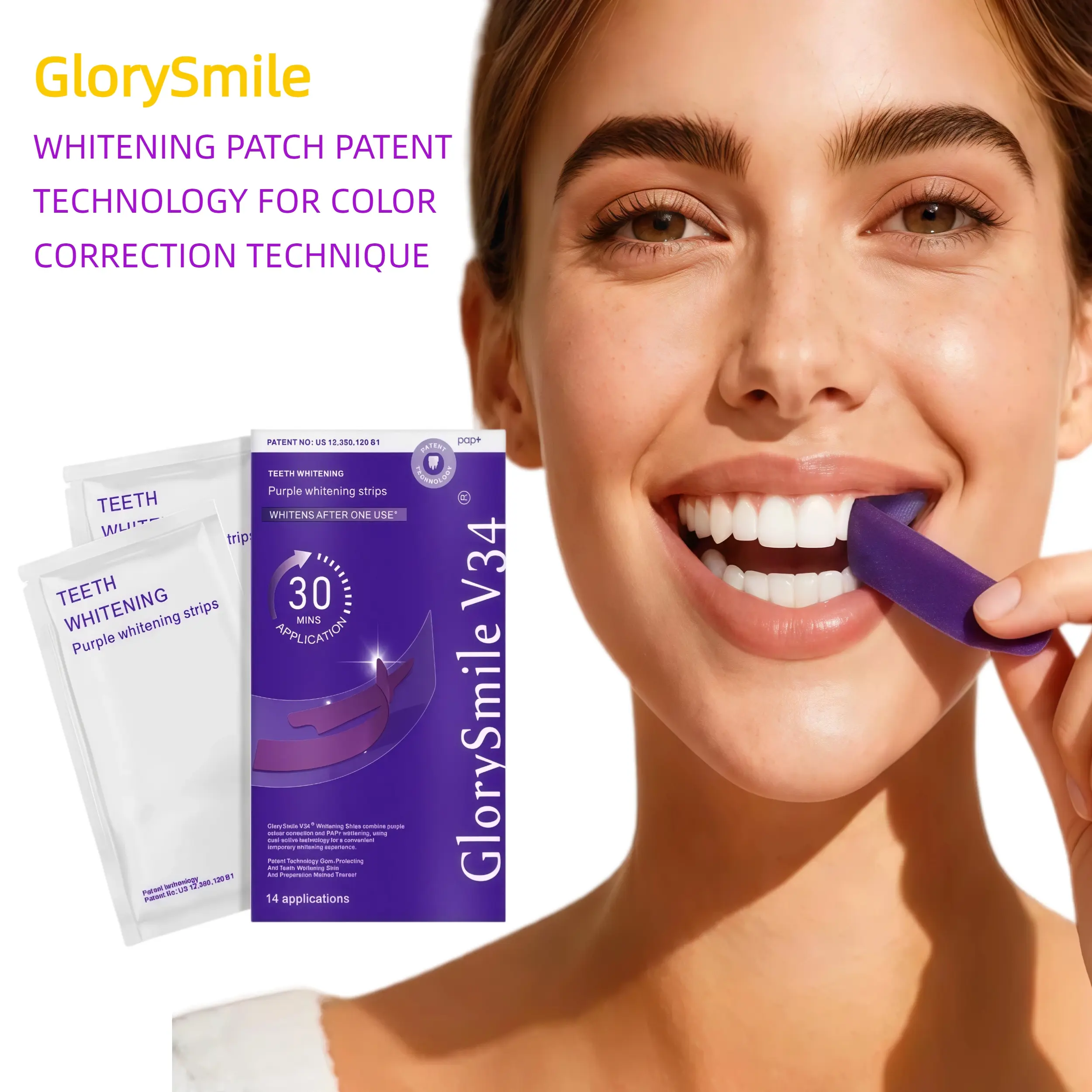GlorySmile Purple Teeth Whitening Patch, safe for gums, can remove coffee and tea stains, 7/14 times of care