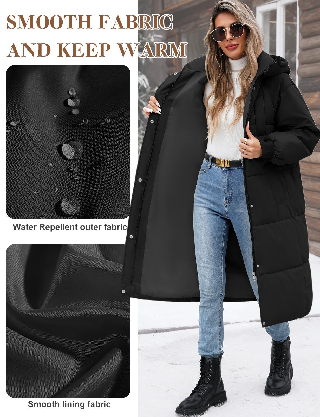 FASHORA Women's Long Quilted Winter Outerwear Parka - Water-Oil-Stain Resistant, Thick Warm Hooded Zip-Up Front Puffer with Quilted Panels & Pockets for Outdoor Activities