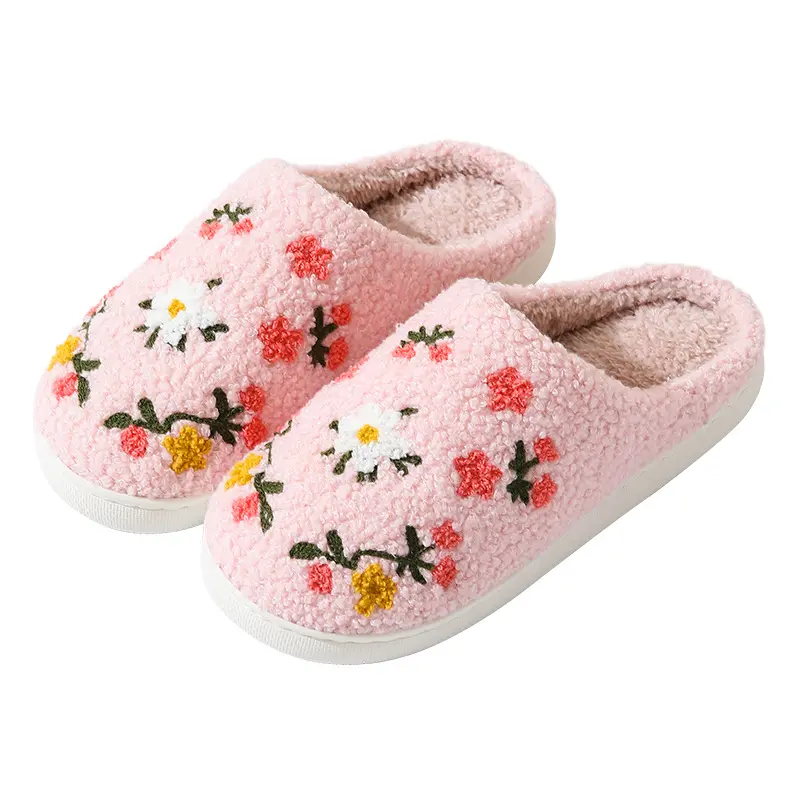 Women's & Men's Winter Cotton Slippers, Soft Floral Print Cute Look Home Casual Footwear with Rounded Toes, Warm Indoor Slide Shoes for Couples, Slide-On, Decor