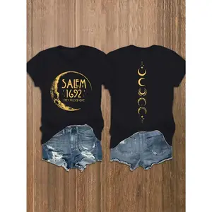 Women's Salem 1692 Witchcraft Graphic Tee - 180gsm Cotton Double Sided Printed Casual Tee with Crescent Moon and Star Graphic, Crew Neck Short Sleeve Top, Spring Summer, Summer Clothing | Fashionable Casual Wear | Breathable Fabric