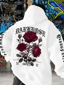 Unisex Dark Rose Gothic Graphic Hoodie – White & Burgundy Print, Ornate Floral & Calligraphy Design, Dark Aesthetic Streetwear, Soft Fleece Fabric, Relaxed Oversized Fit, Perfect for Gothic Style Fans, Durable High-Quality Print