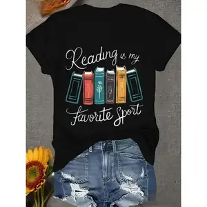 Literary - Inspired Fashion T - Shirt: Make A Playful Statement With Book - Themed Typography Women'S Crewneck Crop Workout Tee Top Crew Neck Crop Top Cotton  On Golf Gift T-Shirt For Men And Women