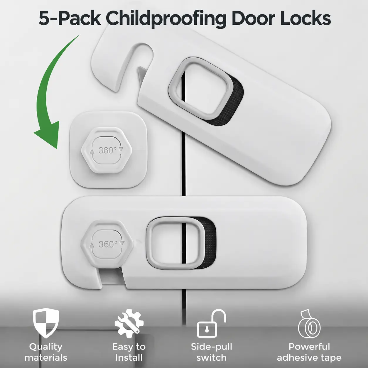 5-Pack Universal Cabinet Security Lock, 360-Degree Rotatable Single-Door Refrigerator Lock, Touch-Open Safety Care Freezer Lock, Adhesive Child Safety Latches, Heavy-Duty Hardware Tool for Doors, Fridge, Cupboard, Nursery, No Tools Needed
