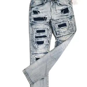 Men's Distressed Patch Wide-Leg Pants - Beige Pocket, Straight-Leg, Straight Leg Style, Fashionable Denim Pants for Men