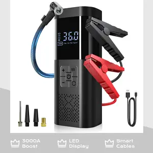 Portable Car Jump Starter, 3000A Peak 12V Car Battery Jump Starter with 150PSI Tire Inflation Function, Built-in LED Light. Includes Jump Cables, Air Hose and Charging Cable