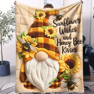 1Pc Sunflower Gnome Bee Print Flannel Blanket, "Sunflower Wishes" Quote Cozy Throw Blanket, Ultra-Soft Plush Warm Blanket, HD 3D Digital Printed Gift Blanket for Mom Grandma, Perfect for Couch Sofa Bed Office Living Room