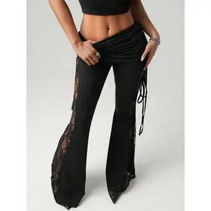 Women’s lace-trim side-striped beach vacation pants, sexy flared pants with a drawstring waist, casual slim-fit all-season outfit GARMENTARY