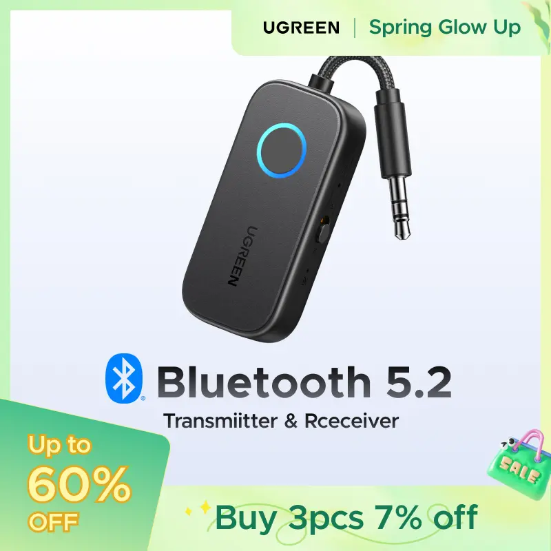 UGREEN Bluetooth 5.2 3.5mm Audio Transmitter/Receiver Adapter for Airpods or Headphones,  for Flight, TV, Car Stereo, MP3 Headset Microphone-TikTokShopSpringGlowUp,Greenish