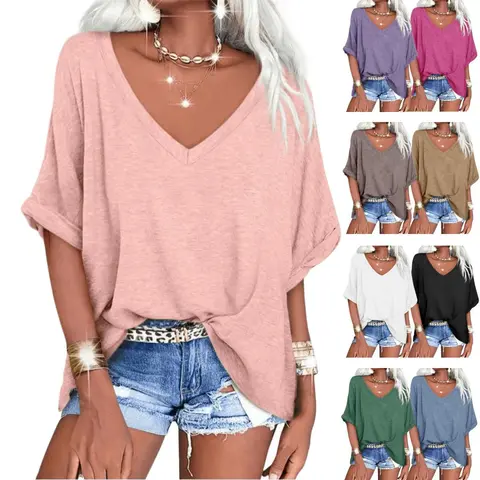 Imily Bela Women's Oversized T Shirts V Neck Short Sleeve Summer Casual Loose Tops Tees Tshirt Elastic Basic Womenswear