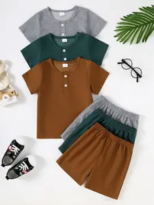 6-Piece 3-Color Boys' Waffle-Weave T-Shirt and Shorts Set Minimalist Casual Style Henley Neck Design Essential Versatile Piece Elastic Waistband Summer Everyday Outfit Clothing Sets