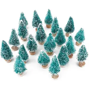 Artificial Mini Sisal Christmas Trees Snow Frost with Wooden Bases for Home Party Decoration Ornament DIY Craft (Blue-Green, 20 pcs)