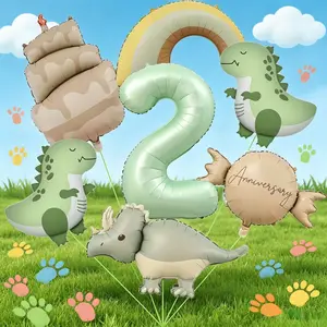 9-Piece Cartoon Dinosaur Theme Balloon Set, Includes Dinosaurs, Triceratops, Cake, Rainbow, Candy Shapes, 32-Inch Olive Numbers
