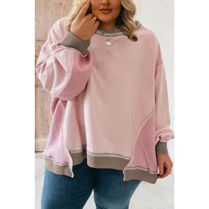 Light Pink Plus Color Block Waffle Patchwork Exposed Seam Baggy Sweatshirt