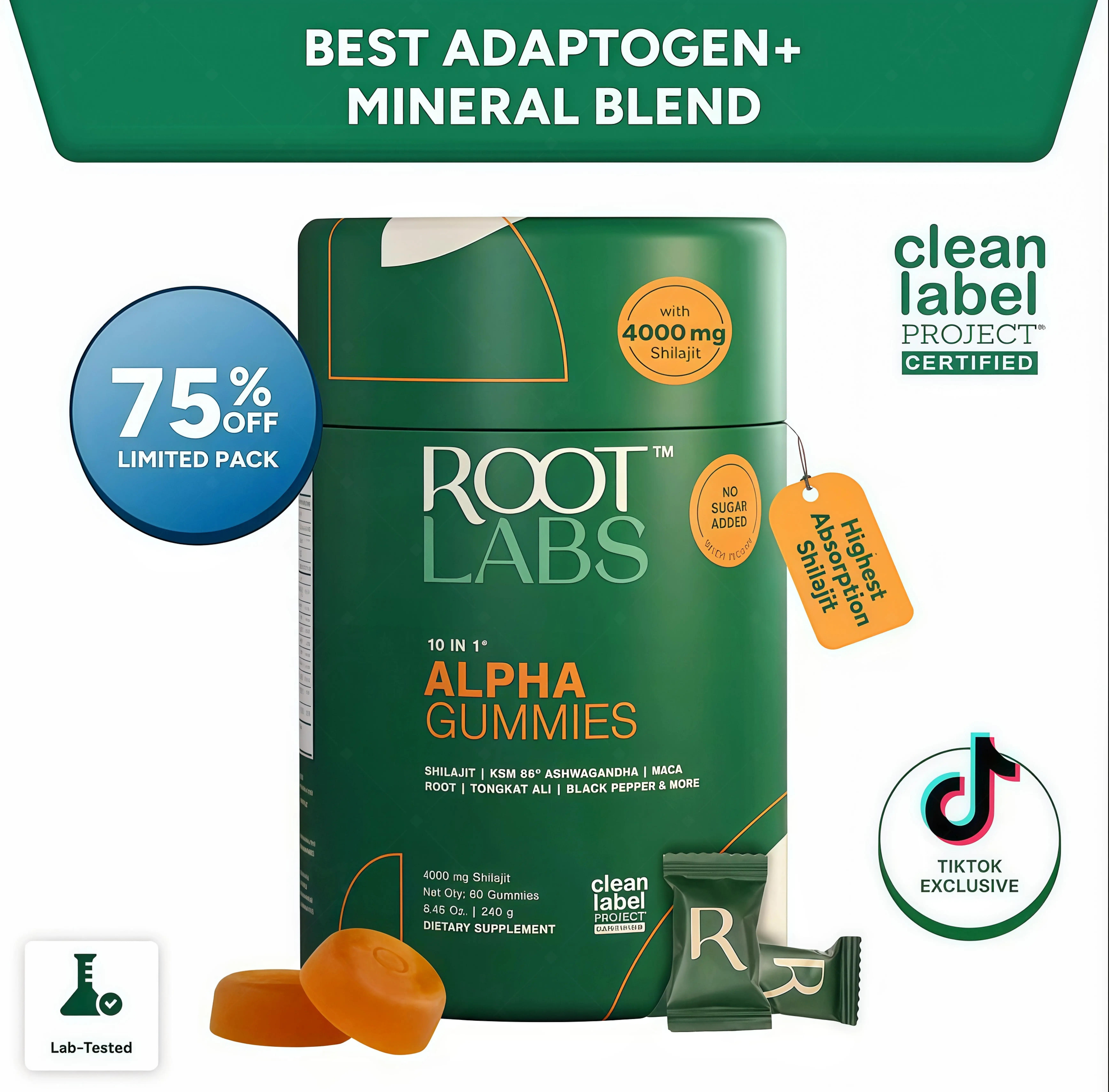 Root Labs Alpha 10-in-1 Shilaiit Gummies 4000 mg Holiday Gift HR-Ready Energy Stamina & Focus Zero Sugar KSM-66 Ashwagandha, Tongkat Ali, Maca Vegan 60 Count Vitamin Supplement