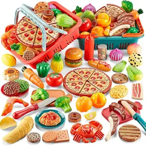 F-MTS32  Play Food Sets for Kids Kitchen-80PC Pretend Food with 2 Kids Picnic Basket, Toy Food with Pizza Toy, Plastic Food Cutting Toys, Play Kitchen Accessories - Fake Food, Boys Girls Toddlers Gifts