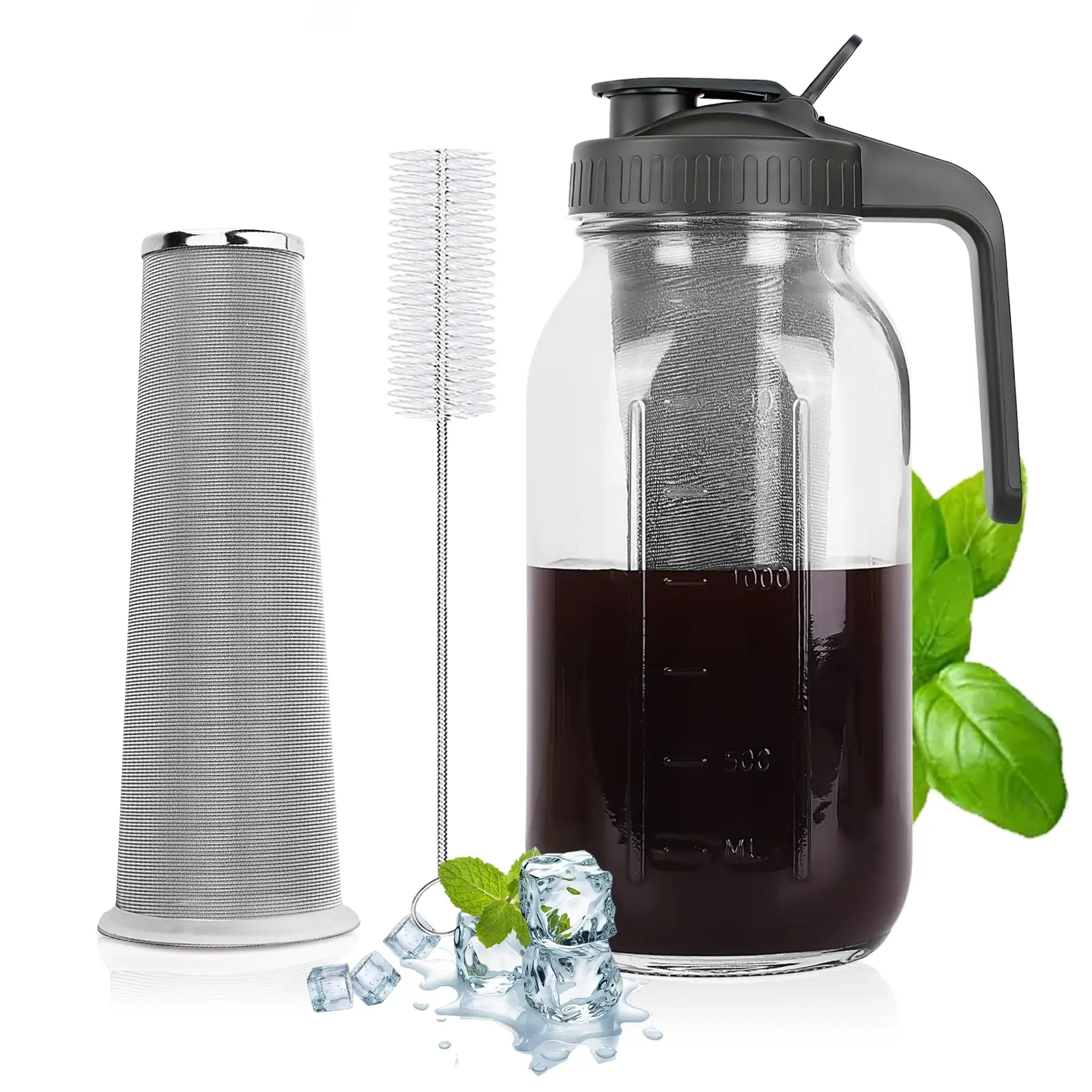 64 Oz (2 Qt) Black Cold Brew Coffee Maker - Heavy-Duty Glass Mason Jar Pitcher, Stainless Steel Filter, Leak-Proof Lid, Ergonomic Handle, Precision Pour Spout - Ideal for Iced Coffee, Tea