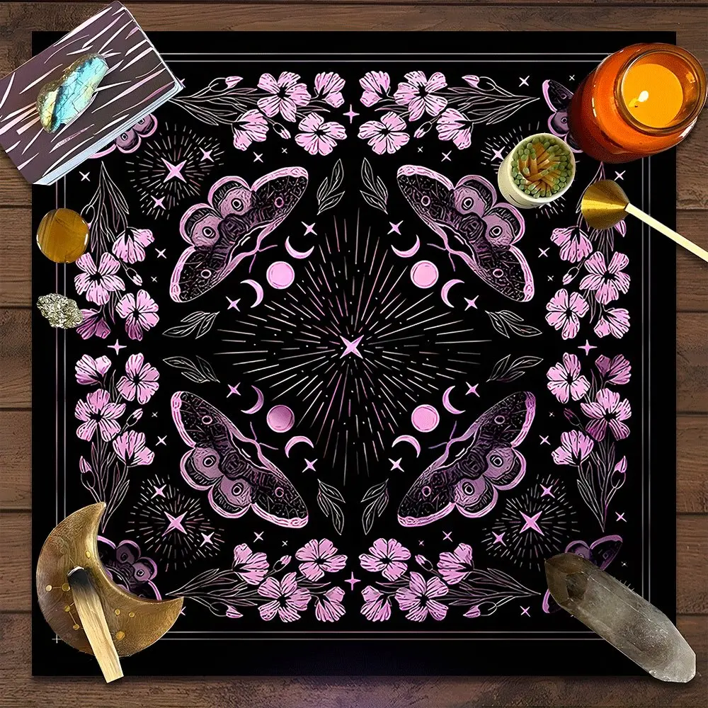 Pink Moth Floral Design Square Tarot Tablecloth, Decorative, Gothic Witch-style home decor Ceremonial Altar Cloth Multiple Sizes Polyester Fabric, Easy to Clean and Maintain Divination Cloth for Spreads & Rituals Gift for Crystal Enthusiasts