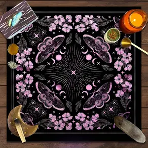 Pink Moth Floral Design Square Tarot Tablecloth, Gothic Witch-style home decor Altar Cloth Multiple Sizes Polyester Fabric, Easy to Clean and Maintain Divination Cloth for Spreads & Rituals Gift for family, friends, Crystal Enthusiasts