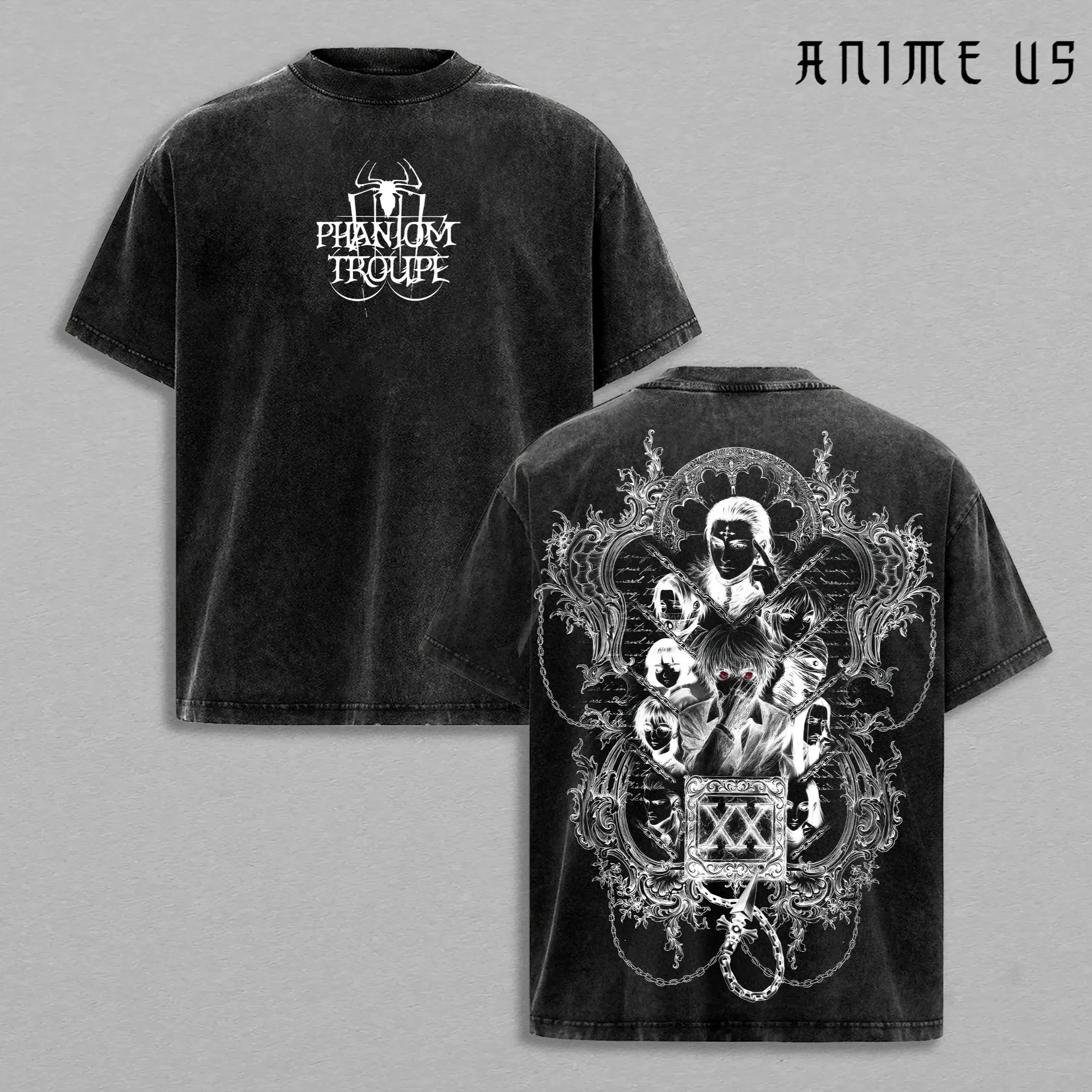 Phantom Troupe - Hisoka - Chrollo - Shizuku - Kurapika Top Hunter x Hunter Oversized T-Shirt, Genei Ryodan Spider Clan Graphic Tee, Vintage Washed Anime Streetwear Shirt Anime Streetwear