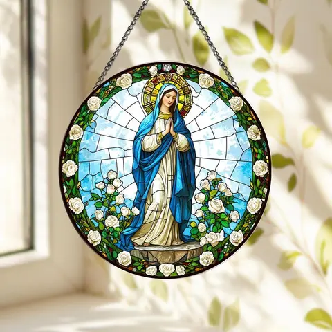 6-Inch & 4-Inch Durable Colorful Metal Round Catholic Virgin Mary Stained Glass Suncatcher with Roses - Chain-Hang Easy Religious Decoration, Lightweight Reflective Chain Ornament for Christmas Window Gifting & Birthday Wall Decor